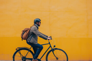 Naklejka premium Man in a helmet riding a bicycle in front of a yellow wall