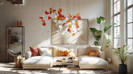 A white couch with orange pillows sits in front of a large white framed painting