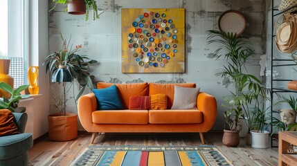 A living room with a large orange couch