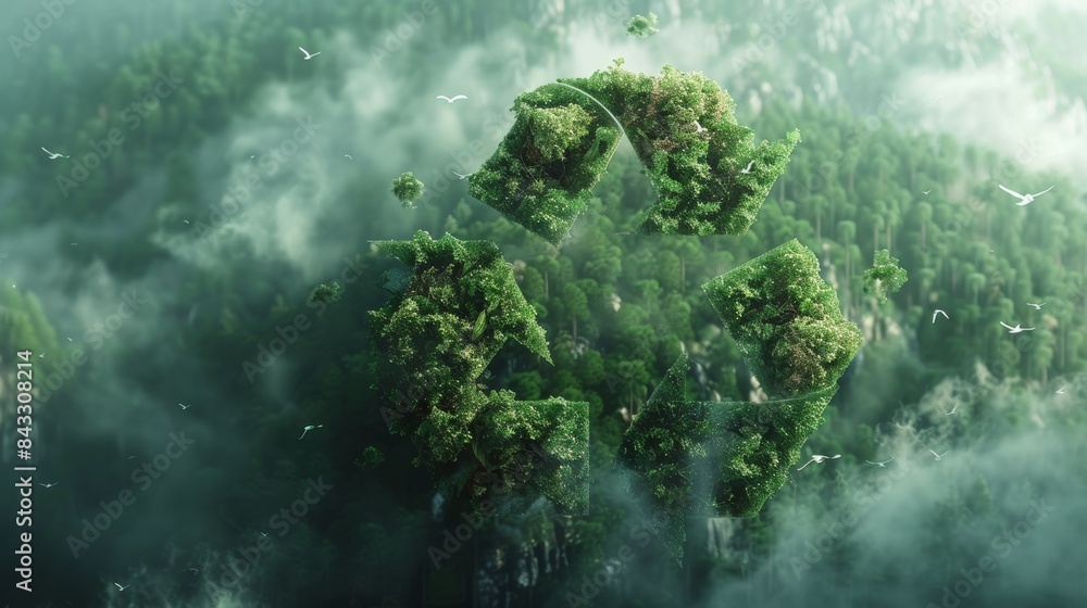 Poster a powerful photorealistic illustration of the recycling symbol replacing a pollution symbol, signify