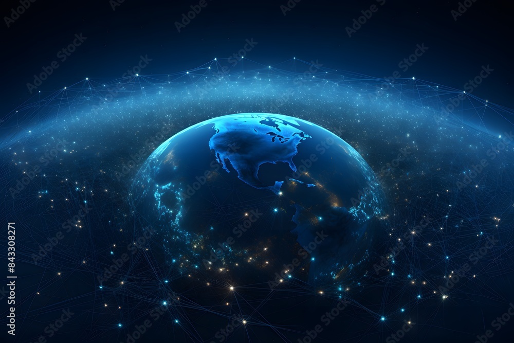 Poster digital map of the world with glowing blue data points and connections, representing global connecti