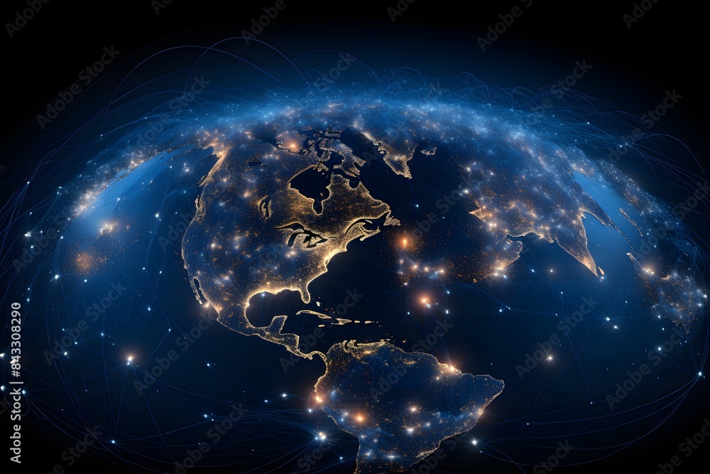 Poster digital map of the world with glowing blue data points and connections, representing global connecti