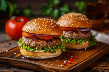 Two juicy beef burgers with lettuce, tomato, and cheese on the buns sitting side by side on an old wooden table. A slice of red onion is placed between them and surrounded by tomatoes and salad leaves
