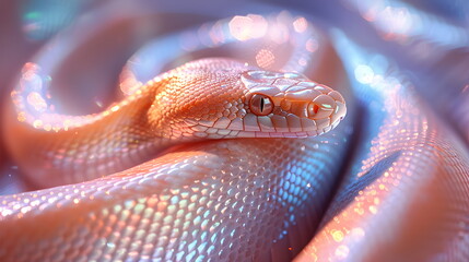 Banner with a snake with iridescent glowing skin. Snake in neon light