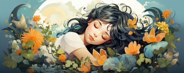 Illustration of a woman sleeping peacefully amidst vibrant flowers, creating a serene and dreamlike atmosphere with a touch of fantasy.