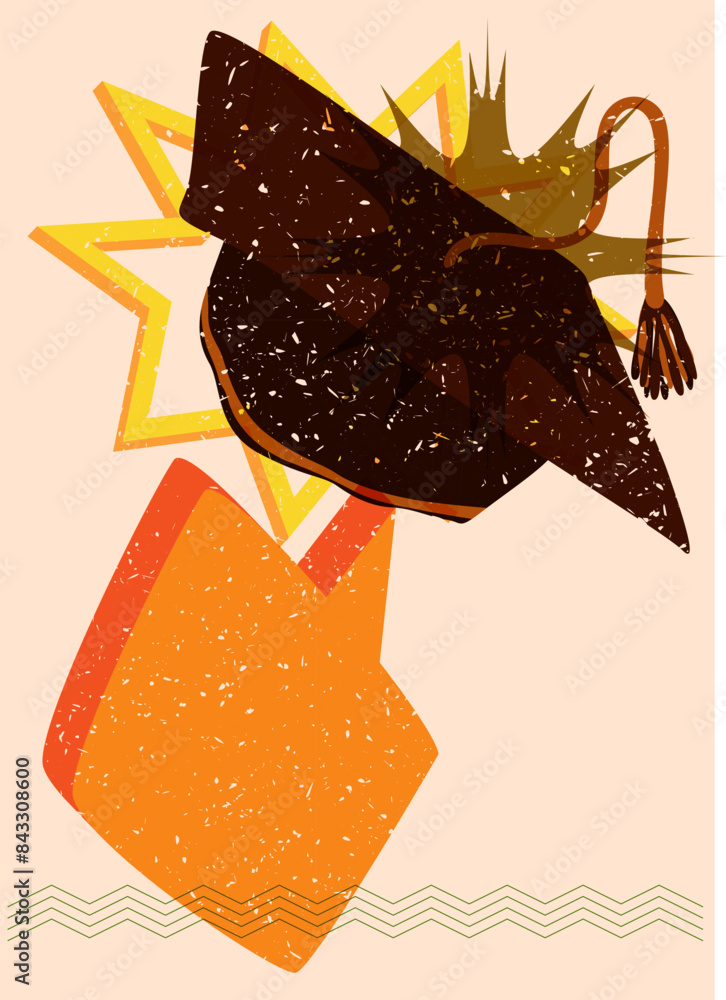 Poster risograph graduate hat with speech bubble with geometric shapes. objects in trendy riso graph print 