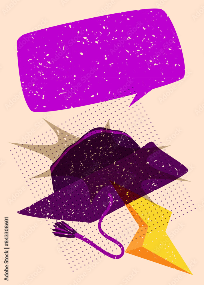 Poster risograph graduate hat with speech bubble with geometric shapes. objects in trendy riso graph print 