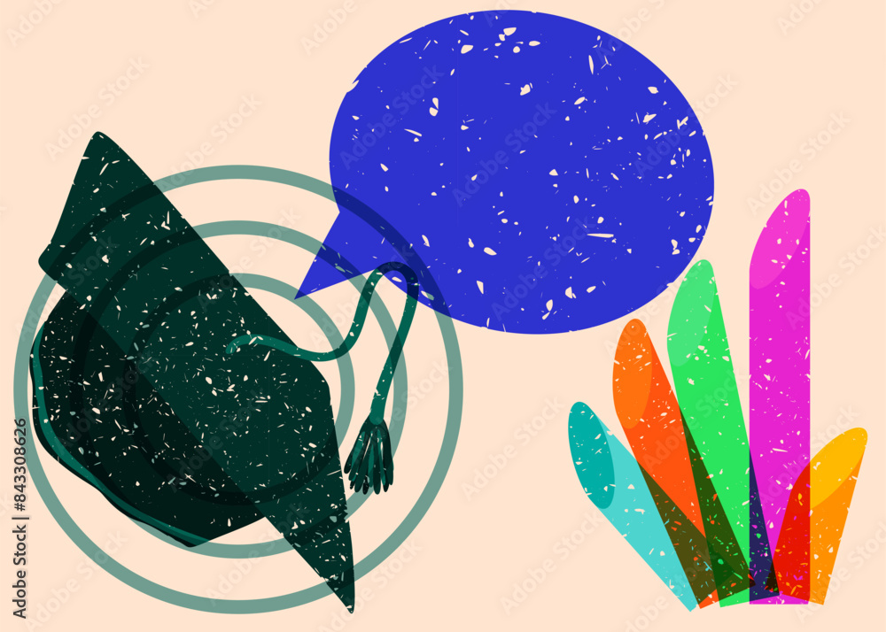 Poster risograph graduate hat with speech bubble with geometric shapes. objects in trendy riso graph print 