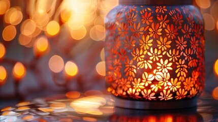 A close-up of an orange illuminated metal lantern with intricate floral patterns, creating a warm, glowing ambiance. closeup of intricate patterns on an Obon lantern