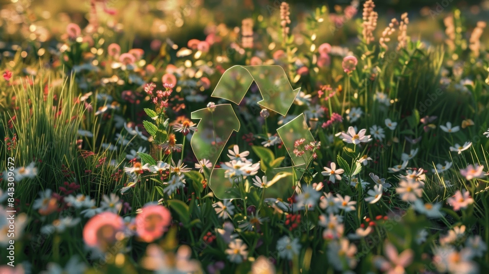 Poster a serene photorealistic image of the recycling symbol nestled amidst a field of wildflowers, represe
