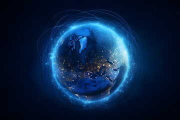 Blue digital globe with glowing connections forming the shape of Asian and European cities, symbolizing global network and connectivity across continents, representing technology in business