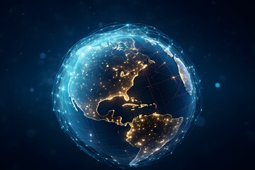 Obraz premium Blue digital globe with glowing connections forming the shape of Asian and European cities, symbolizing global network and connectivity across continents, representing technology in business