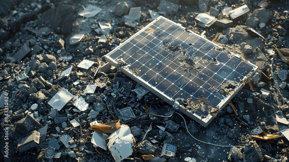 Poster A solar panel being dismantled, its components carefully separated and sorted, a glimpse into the complex process of recycling.