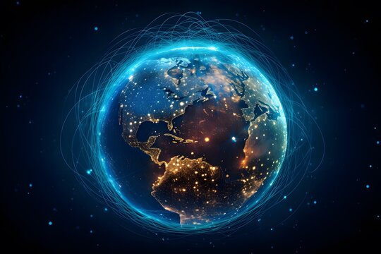 Blue digital globe with glowing connections forming the shape of Asian and European cities, symbolizing global network and connectivity across continents, representing technology in business