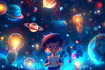 Dreamy Scene with Boy and Floating Light Bulbs