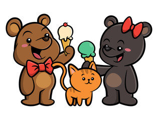 Cute couple bear cub wearing bowtie and butterfly hair ties eating ice cream with kitten they pet. Best for sticker, logo, and mascot for ice cream shop