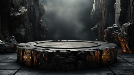 Black stone podium in cave, dark stone pedestal display background 