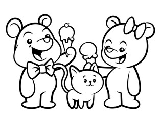 Cute couple bear cub wearing bowtie and butterfly hair ties eating ice cream with kitten they pet. Best for outline, logo, and coloring book for ice cream shop