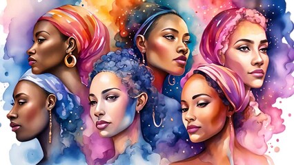 A vibrant watercolor painting featuring diverse women in colorful headwraps, highlighting beauty, strength, and cultural richness through artistic expression. - Powered by Adobe