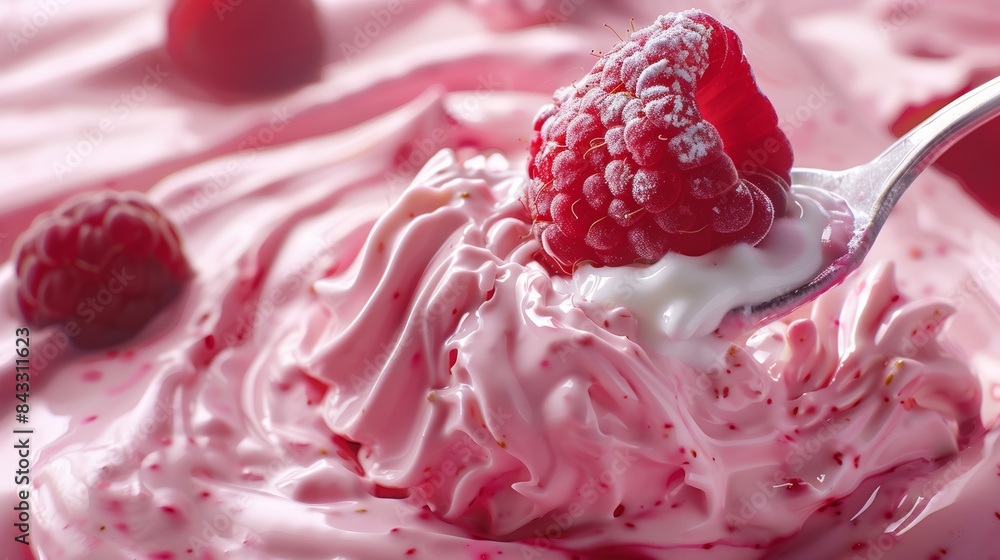 Poster raspberry being gently pierced with a spoon, its delicate flesh oozing out as it sinks into a swirl 