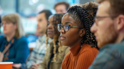 Obraz premium A group of people are sitting in a room, one woman is wearing glasses