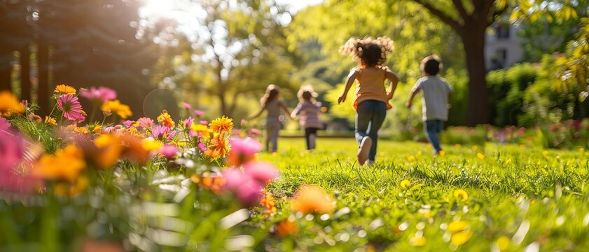 Children running and playing tag on a sunny day in a spacious park, with bright flowers and wellmaintained lawns