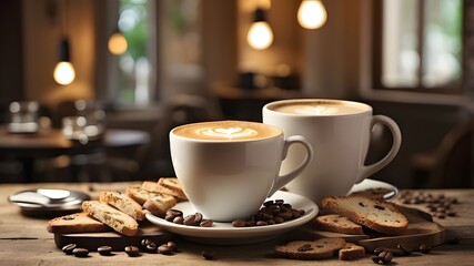 A rustic table has a cup of cappuccino, biscotti, and coffee beans in a cozy coffee environment. A calming environment is created with soft focus and warm light.