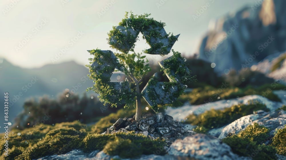 Poster A surreal image of the recycling symbol transforming into a flourishing tree, symbolizing the transformative power of recycling in promoting environmental growth.