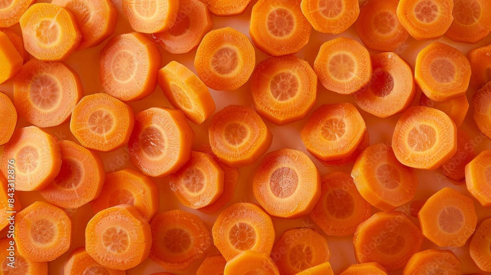Poster a symphony of sliced carrots, their shapes and forms arranged in a visually pleasing composition, se