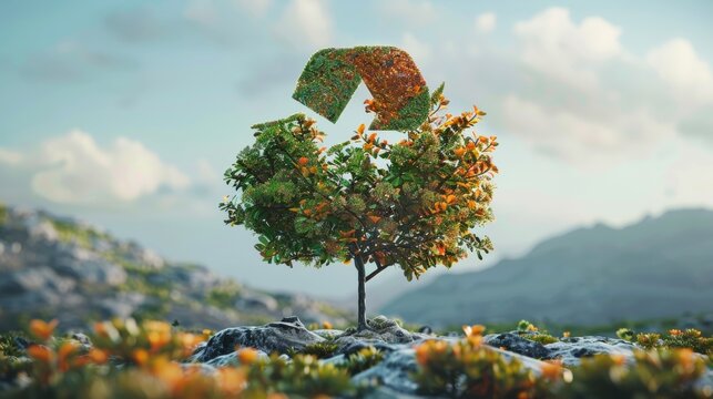 A surreal image of the recycling symbol transforming into a flourishing tree, symbolizing the transformative power of recycling in promoting environmental growth.
