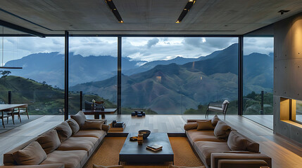 Fototapeta premium Mountain View Room, wallpaper, a comfortable room with a beautiful view.