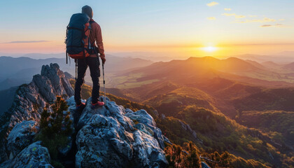 Fototapeta premium A man is standing on a mountain top with a backpack on