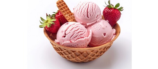 Strawberry ice cream with wafer stick in waffle bowl isolated on a white background