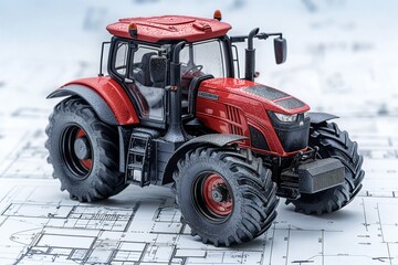 Obraz premium Red toy tractor on blueprint background