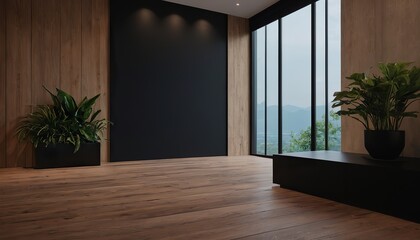 Dark black background empty room with plants