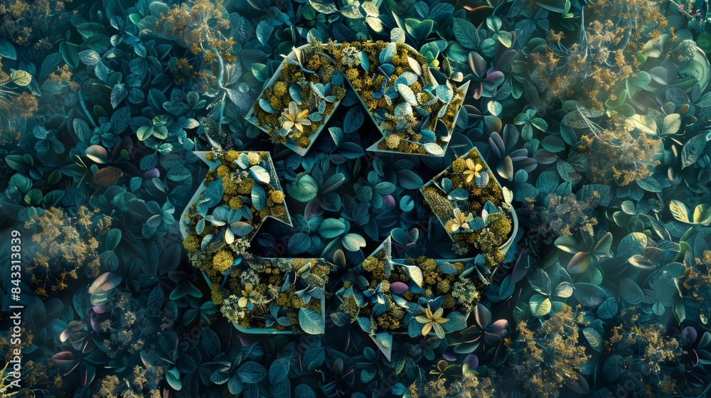 Poster a thought-provoking photorealistic rendering of the recycling symbol crafted from recycled materials