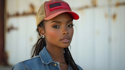 African-American female - denim outfit - United States flag colors - red white and blue - stylish - fashion model - white background  - hat 