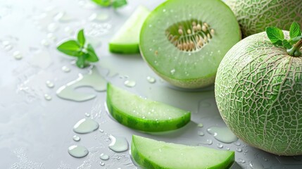 Freshly sliced green melons with water droplets on a light surface, showcasing succulent and juicy texture ideal for stock photography.
