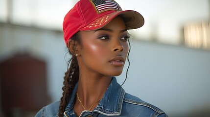 African-American female - red white and blue blouse - United States flag colors - red white and blue - stylish - fashion model - white background  - hat 