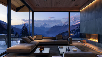 Fototapeta premium Mountain View Room, wallpaper, a comfortable room with a beautiful view.