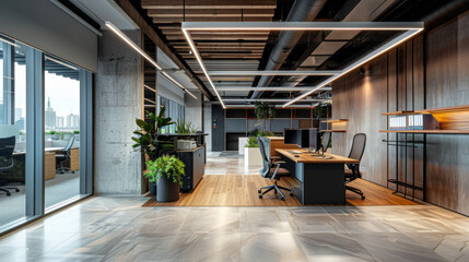 A large open office space with a wood paneled wall and a large window