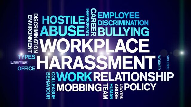 Workplace Harassment animated word cloud;text design animation tag kinetic typography seamless loop.