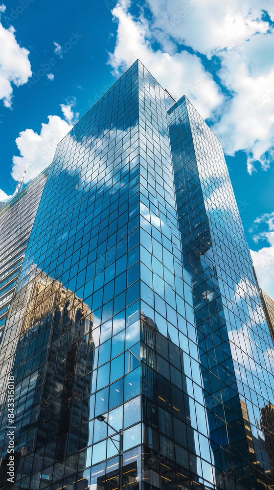 Poster a tall building with a lot of windows and a cloudy sky in the background
