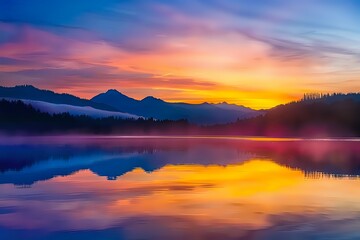Fototapeta premium Stunning Sunset Reflections Over Tranquil Lake