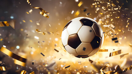 Fototapeta premium Soccer ball flying on background with confetti