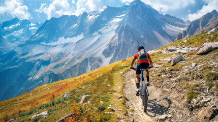 Fototapeta premium A man is riding a bike on a mountain trail
