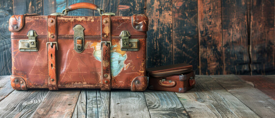 A brown suitcase with a globe on it sits on a wooden table