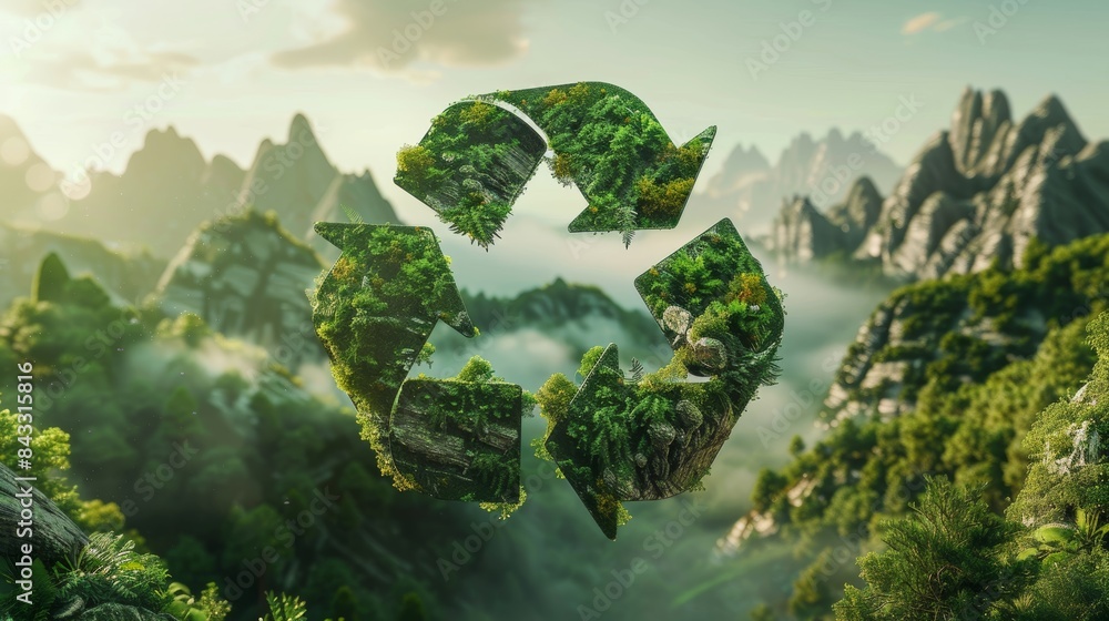 Poster a vibrant, stylized image of the recycling symbol floating amidst a lush green landscape, emphasizin