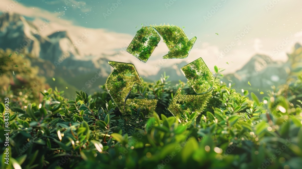 Poster a vibrant, stylized image of the recycling symbol floating amidst a lush green landscape, emphasizin