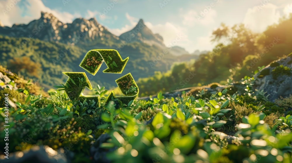 Poster a vibrant, stylized image of the recycling symbol floating amidst a lush green landscape, emphasizin